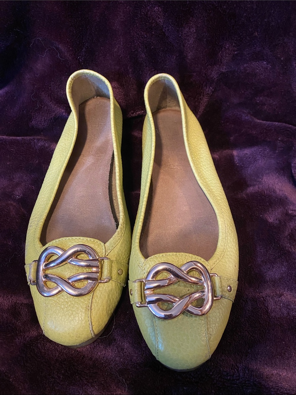 AEROSOLES Chartreuse Leather Ballet Flats with Gold Knot Hardware